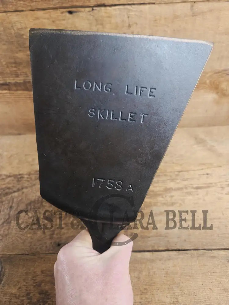 Custom and Funky! Wagner made(#1758) ’Long Life’ Cast Iron Skillet Spatula. Reclaimed 1920’s Era #8 skillet. Great
