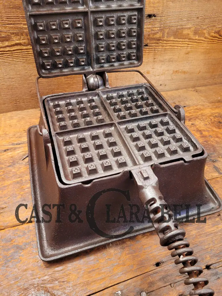 Elegant Htf 1920S Griswold #11 Square Waffle Iron With Slant Block Logo And Tall Base