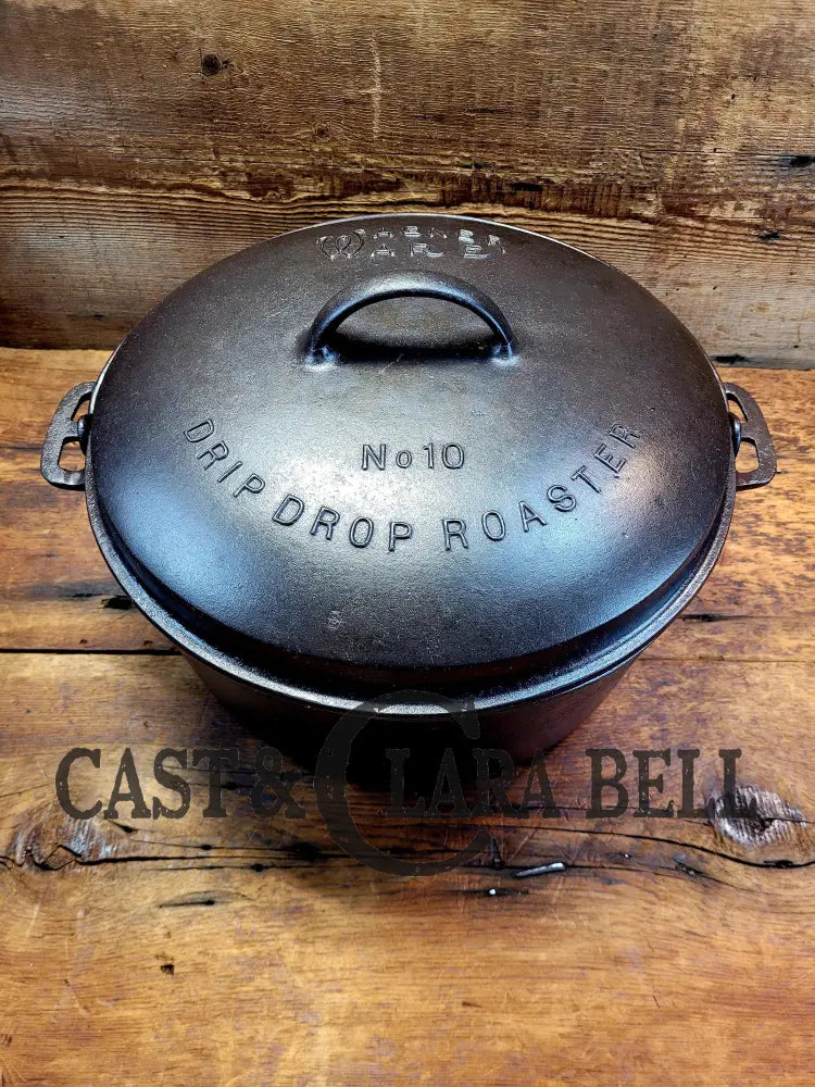 Enormous! 1900-30 #10 Wagner Drip Drop Roaster Dutch Oven W Sawtooth Style Lid. One Of The Biggest