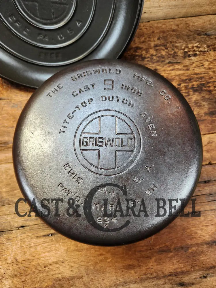 Fully Marked! 1920’S Griswold No. 9 Tite-Top Cast Iron Dutch Oven 834 K. Low Dome Rust Resistant