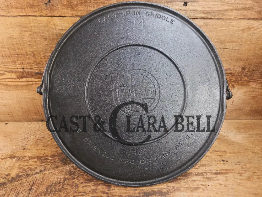 Ghostmarked 1910’s #742 Griswold No. 14 Round Griddle w/ Bail and Slant Logo. The largest made of its kind and hard to