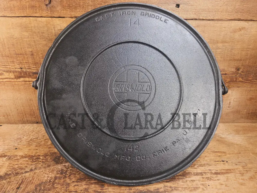 Ghostmarked 1910’s #742 Griswold No. 14 Round Griddle w/ Bail and Slant Logo. The largest made of its kind and hard to