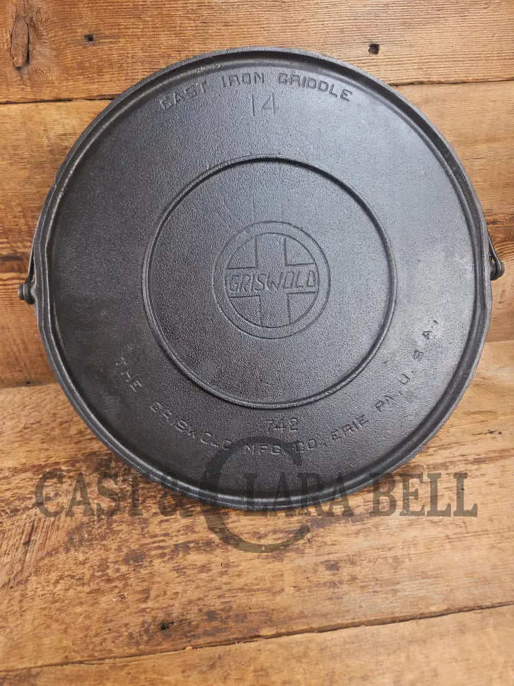 Ghostmarked 1910’s #742 Griswold No. 14 Round Griddle w/ Bail and Slant Logo. The largest made of its kind and hard to