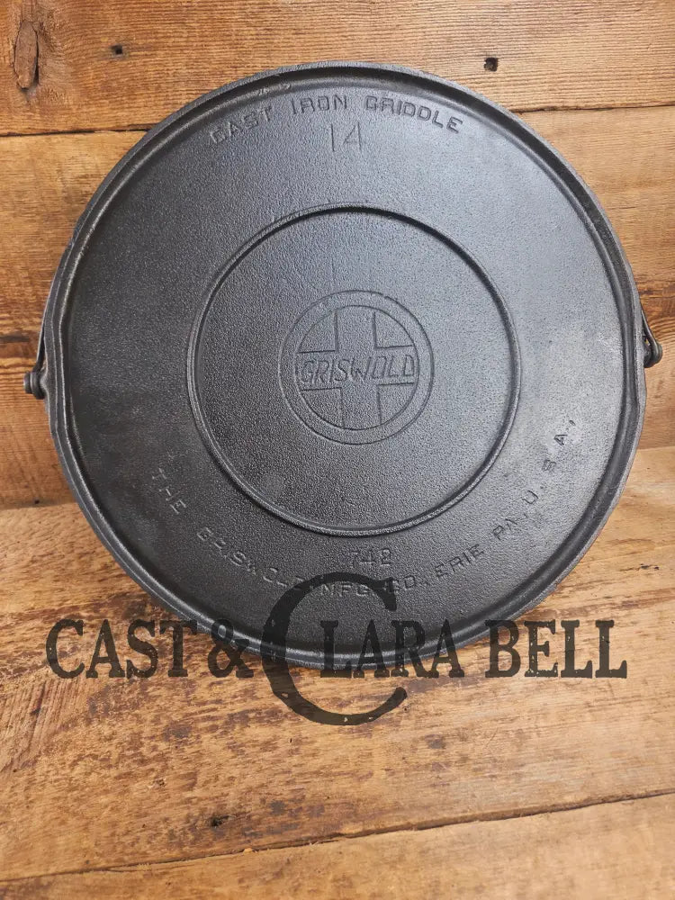 Ghostmarked 1910’s #742 Griswold No. 14 Round Griddle w/ Bail and Slant Logo. The largest made of its kind and hard to
