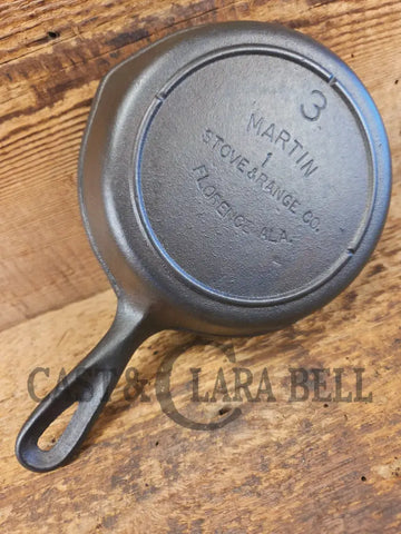 Gorgeous and harder to find Martin Stove & Range No. 3 Skillet with early Block Logo.  Versatile, restored and ready to use!