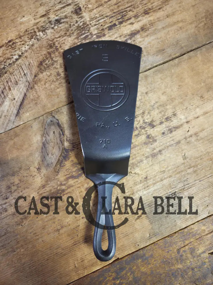 Gorgeous custom made #9 710 Griswold Cast Iron Spatula. Reclaimed 1920’s Griswold Large Block Smooth Bottom skillet.