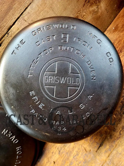 Gorgeous Fully Marked! 1920’S Griswold No. 9 Tite-Top Cast Iron Dutch Oven 834 B. Low Dome Lid