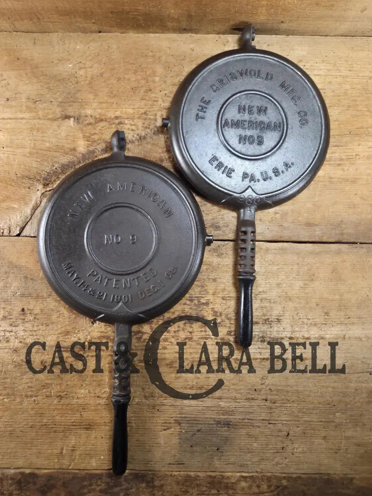 Gorgeous! Hard to Find EARLY 1900’s (Erie Logo Era) Griswold New American RAISED letter style #9 Waffle Iron! Paddles
