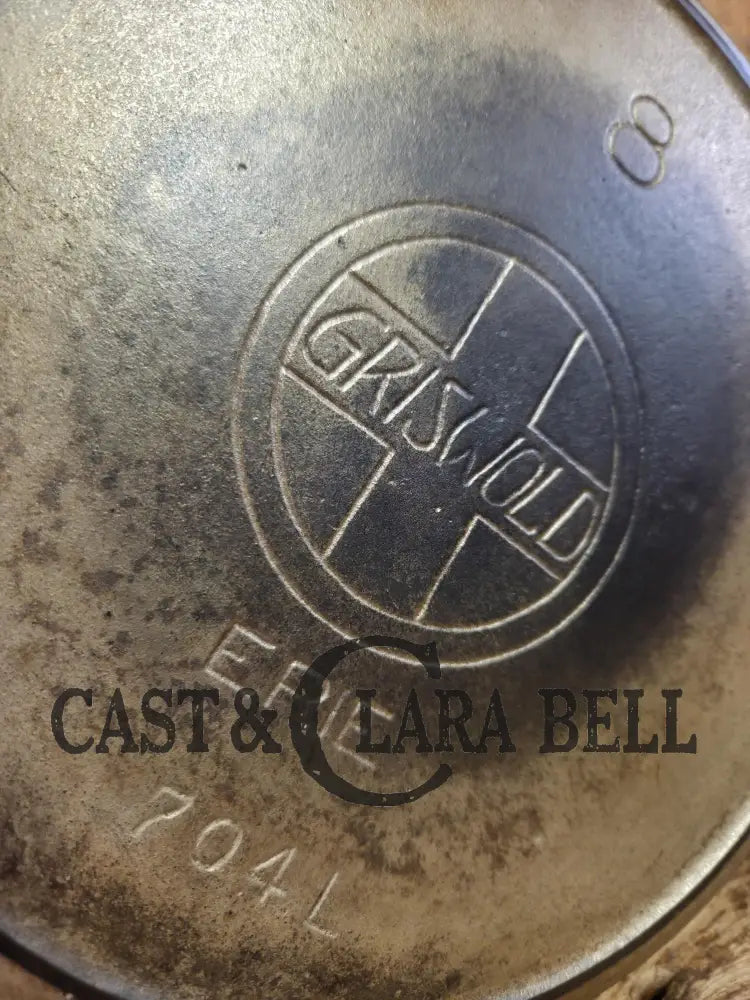 Gorgeous Patina! Unique early 1910’s Griswold #8 Cast Iron Skillet Large Slant Logo ’Erie,’ 704 L. Great conversation