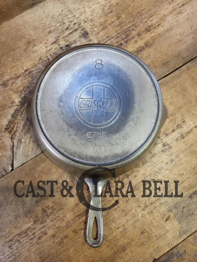 Gorgeous Patina! Unique early 1910’s Griswold #8 Cast Iron Skillet Large Slant Logo ’Erie,’ 704 L. Great conversation