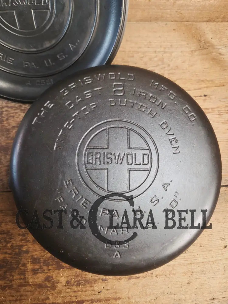 Griswold #8 Tite-Top Cast Iron Dutch Oven with Large Block Logo 833 A and Lid with Slant Logo A 2551 Dutch Ovens