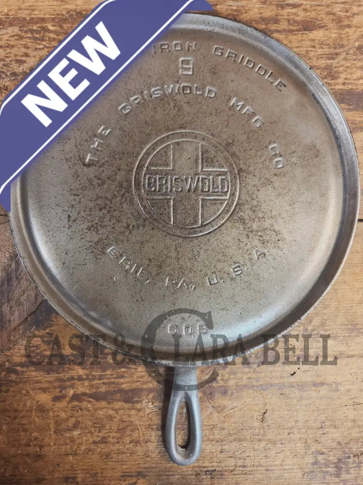 Griswold #9 Round Griddle with Large Block Logo 609. Cool Patina from bottom nickel finish - Griddle