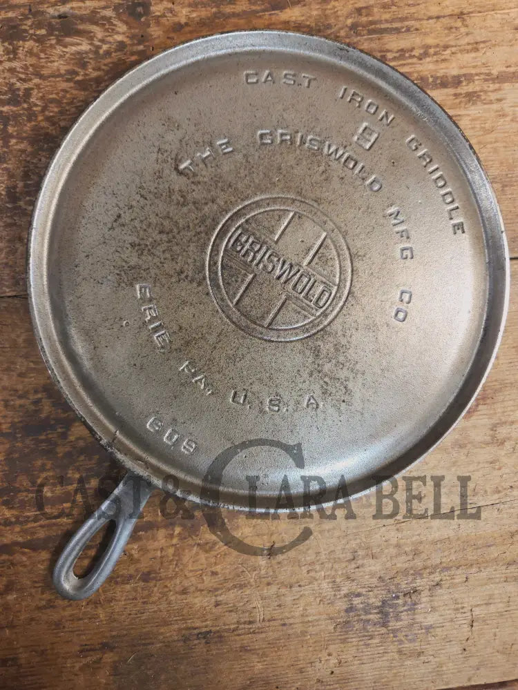 Griswold #9 Round Griddle with Large Block Logo 609. Cool Patina from bottom nickel finish - Griddle