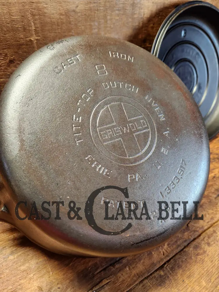 Hard To Find 1920’S Griswold #8 Dutch Oven W/ Large Block Logo P/N 1278 A And Button - Top Lid