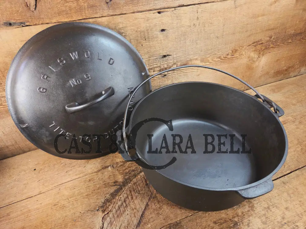 Hard to find 1920’s Griswold #9 Dutch Oven w/ Slant Logo p/n 834 H and p/n 2552 A matching block lid Dutch Ovens