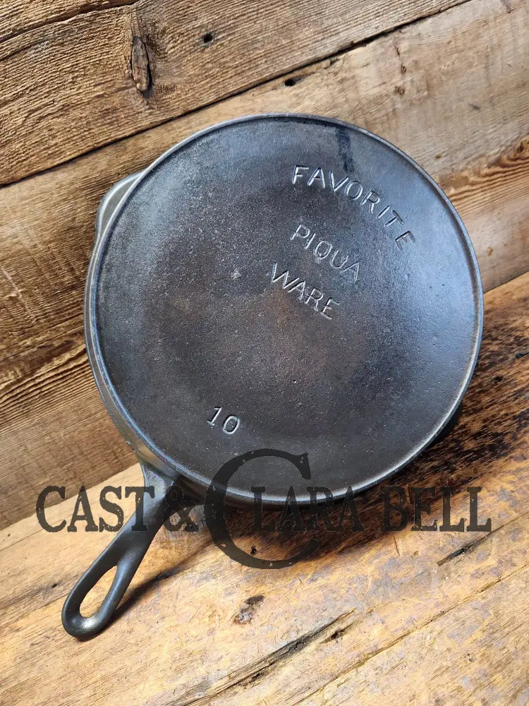 Huge And Hard To Find 1910’S Early Favorite Piqua Ware #10 Cast Iron Skillet Arc Straight Logo