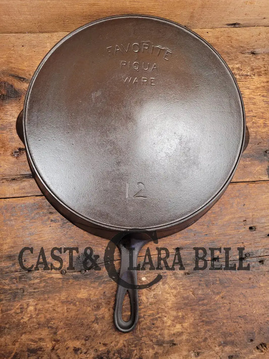 Huge And Hard To Find 1910S Early Favorite Piqua Ware #12 Cast Iron Skillet Arc Straight Logo