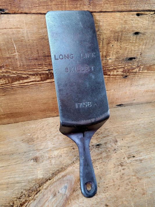 Custom made Wagner made(#1758)  "Long Life" Cast Iron Skillet Spatula.  Reclaimed 1920's Era #8 skillet.  Great gift!