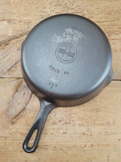 UNIQUE! 1940's Griswold #6 Cast Iron Skillet with Small Block Logo, Flat handle, and Smooth Bottom, 699 T