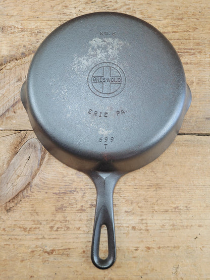 UNIQUE! 1940's Griswold #6 Cast Iron Skillet with Small Block Logo, Flat handle, and Smooth Bottom, 699 T