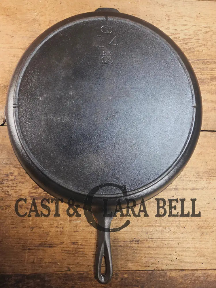 MONSTER! Mid Century era Lodge #14 Cast Iron Skillet with Three Notch Heat Ring ’US’ marking. HUGE and perfect for