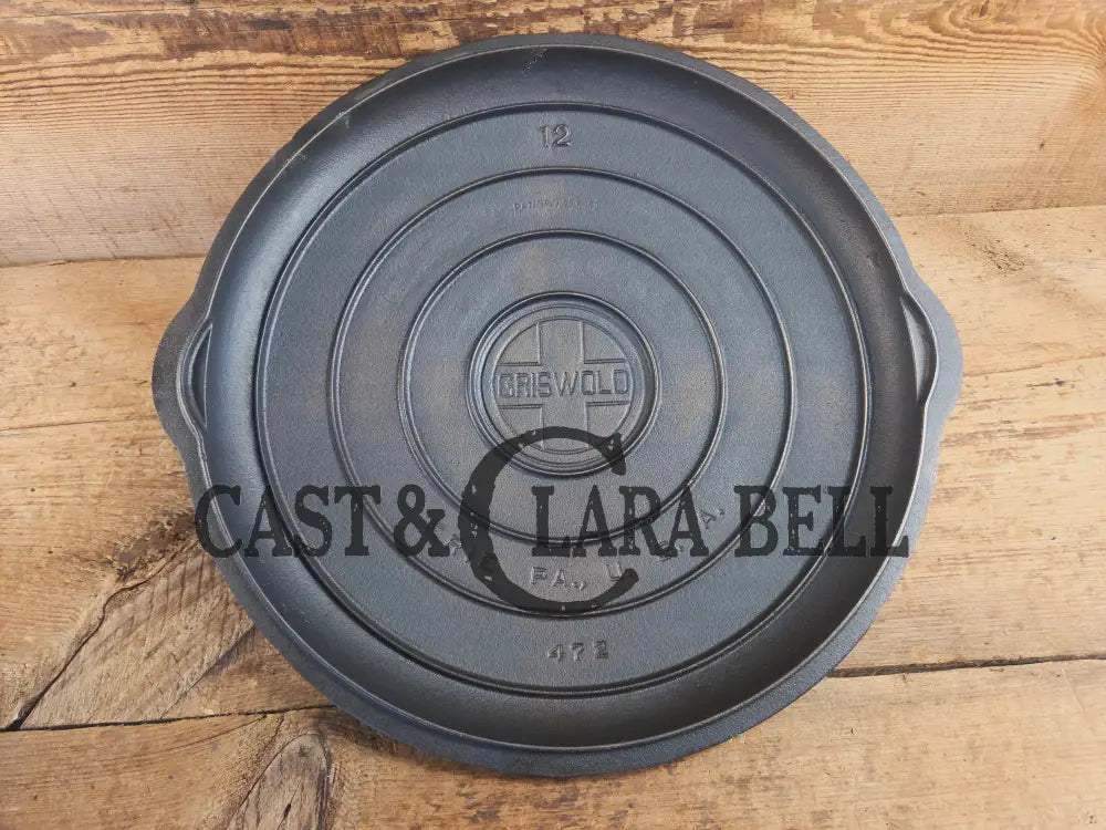 MONSTER! Very Hard to Find Griswold No. 12 Cast Iron Low Dome Skillet Lid with Large Block Logo #472 Skillet