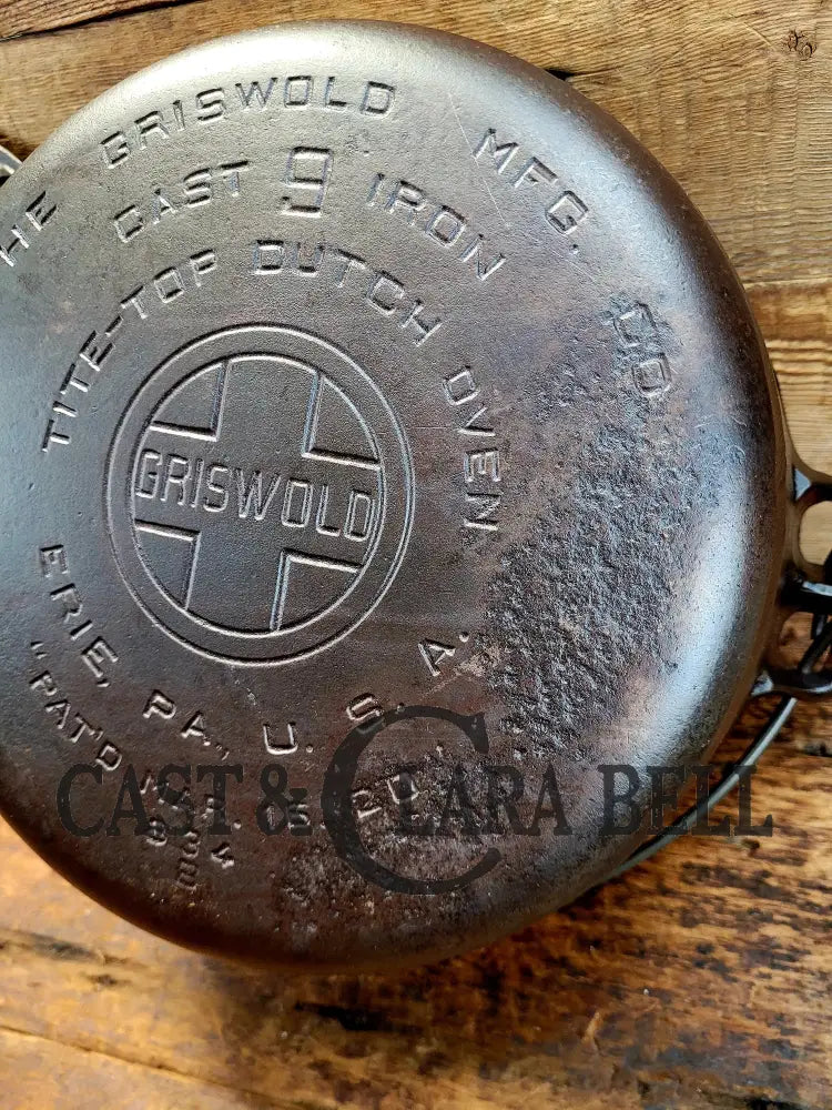 Priced To Sell! 1920’S Griswold No. 9 Tite Top Dutch Oven (834) With Large Block Logo And Low