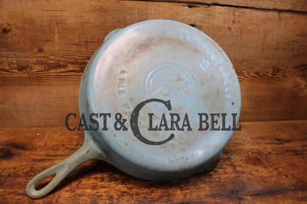 So Unique! Blue Enameled Griswold #9 Cast Iron Skillet With Large Block Logo