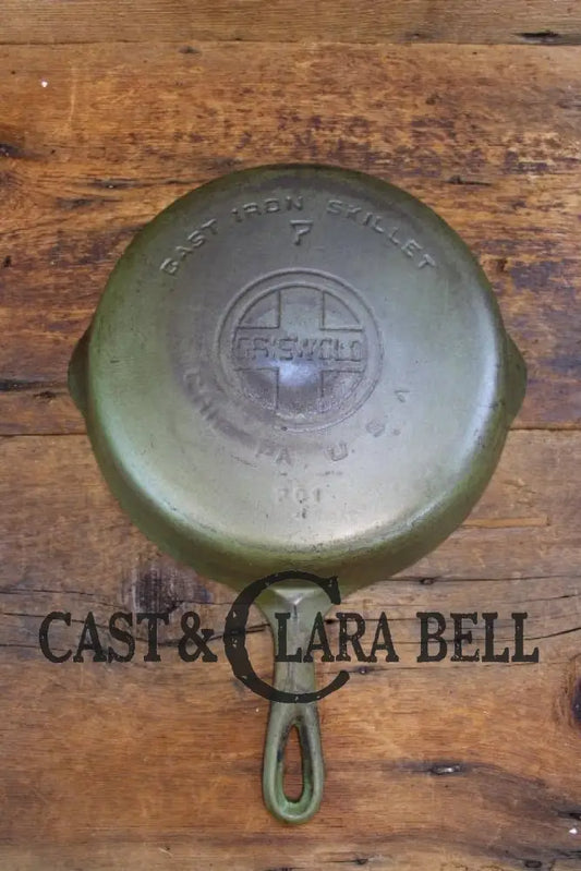 So Unique! Green Enameled Griswold #7 Cast Iron Skillet With Large Block Logo