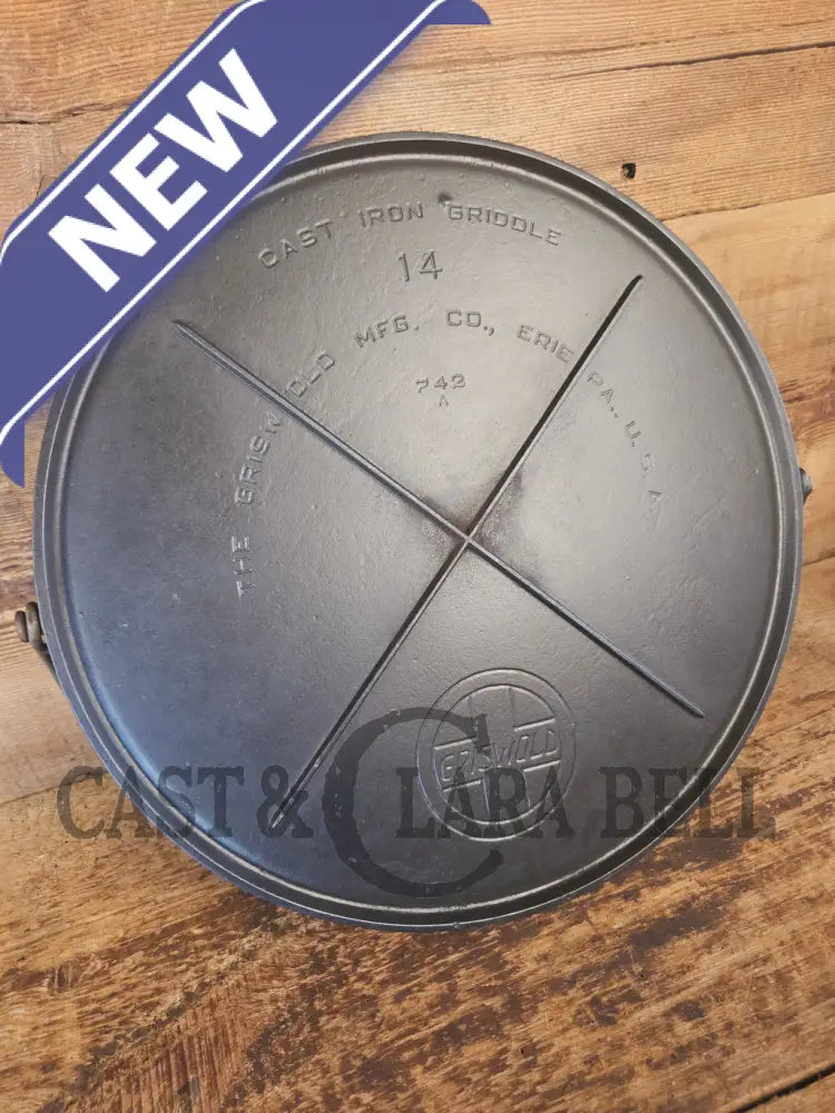 Spectacular piece! Late 1910’s #742 Griswold No. 14 Round Griddle w/ Bail and Slant Logo. The largest made of its kind