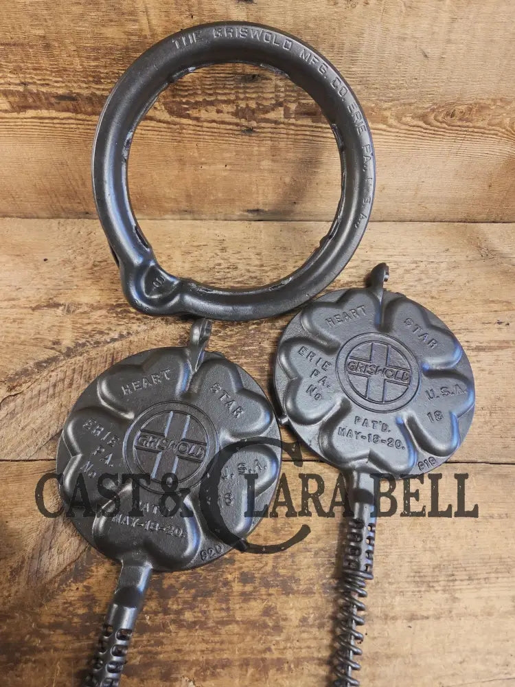 Stunning. The Premier waffle iron! Griswold No. 18 ’Heart and Star’ (919/920) Waffle Iron. Bailed Low Base. Makes the