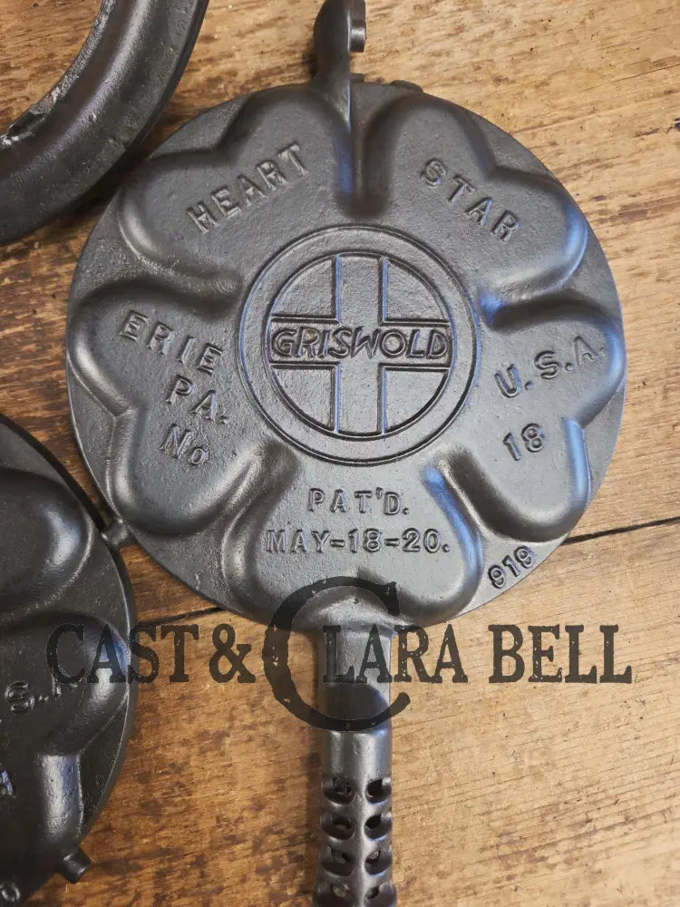 Stunning. The Premier waffle iron! Griswold No. 18 ’Heart and Star’ (919/920) Waffle Iron. Bailed Low Base. Makes the