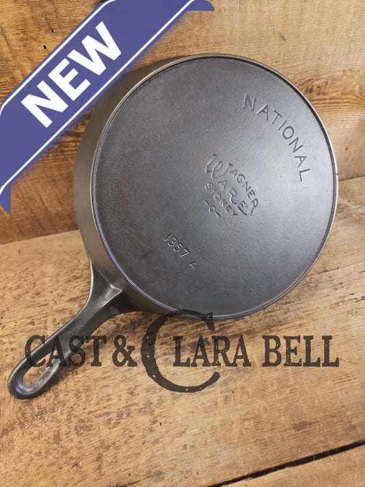 Tough to find! 1920’s era Wagner made National / Wagner Ware dual logo #7 (1357) Center logo cast iron skillet with