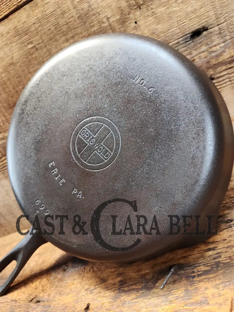 Unique! 1940’S Griswold #6 Cast Iron Skillet With Small Block Logo Flat Handle And Smooth Bottom