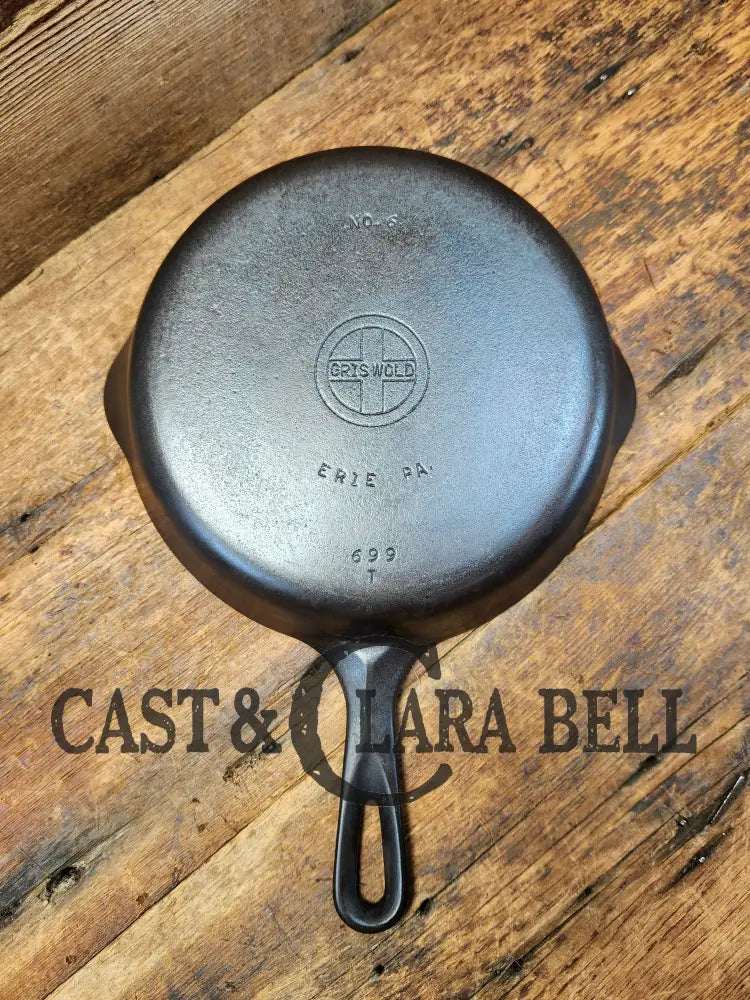 Unique! 1940’S Griswold #6 Cast Iron Skillet With Small Block Logo Flat Handle And Smooth Bottom