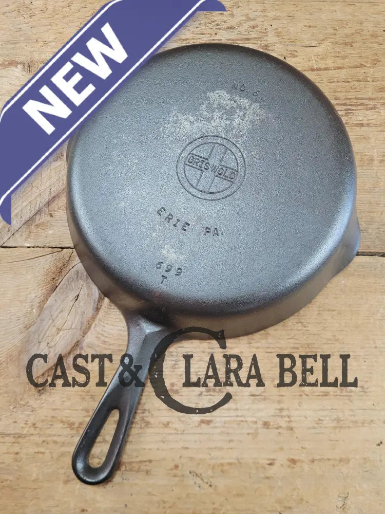 UNIQUE! 1940’s Griswold #6 Cast Iron Skillet with Small Block Logo Flat handle and Smooth Bottom 699 T