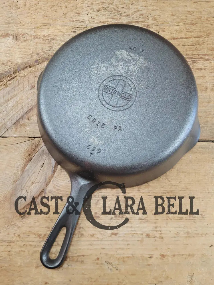 UNIQUE! 1940’s Griswold #6 Cast Iron Skillet with Small Block Logo Flat handle and Smooth Bottom 699 T