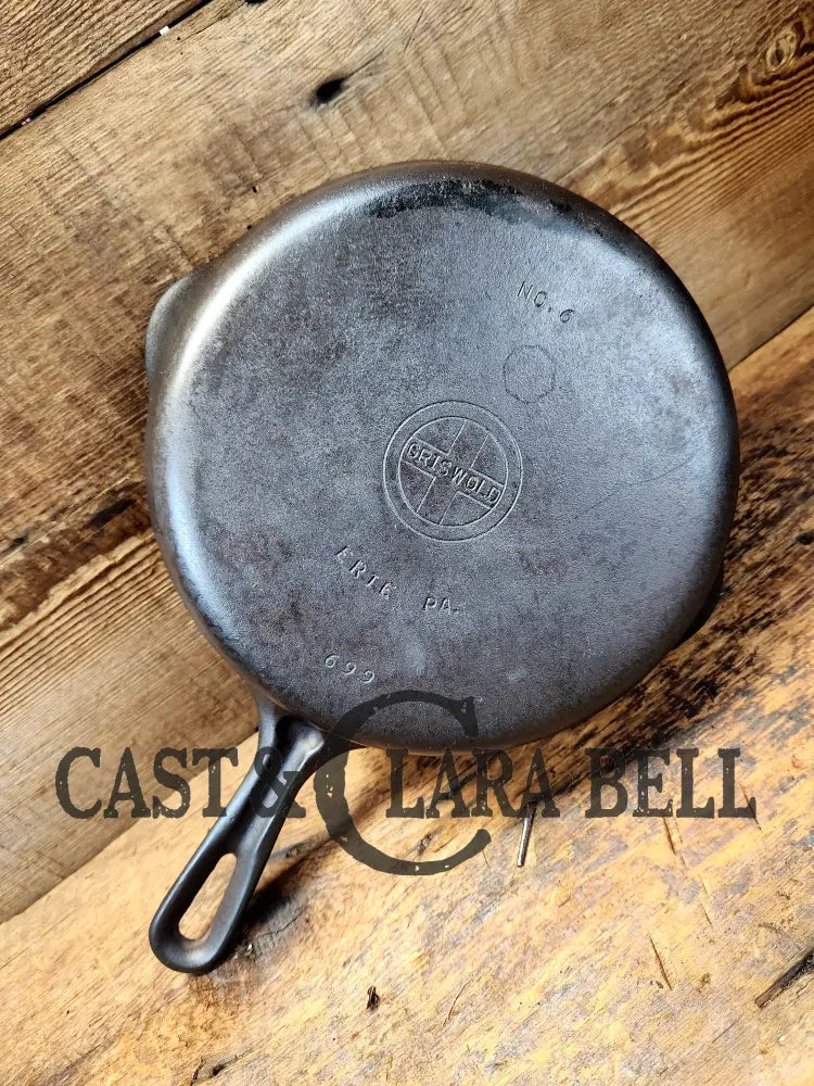 Unique! 1940’S Griswold #6 Cast Iron Skillet With Small Block Logo Grooved Handle And Smooth