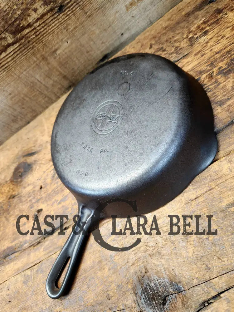 Unique! 1940’S Griswold #6 Cast Iron Skillet With Small Block Logo Grooved Handle And Smooth