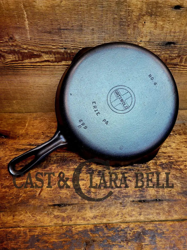 Unique! 1940S Griswold #6 Cast Iron Skillet With Small Block Logo Grooved Handle And Smooth Bottom