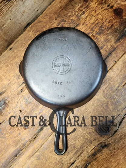 Unique! 1940’S Griswold #6 Cast Iron Skillet With Small Block Logo Grooved Handle And Smooth