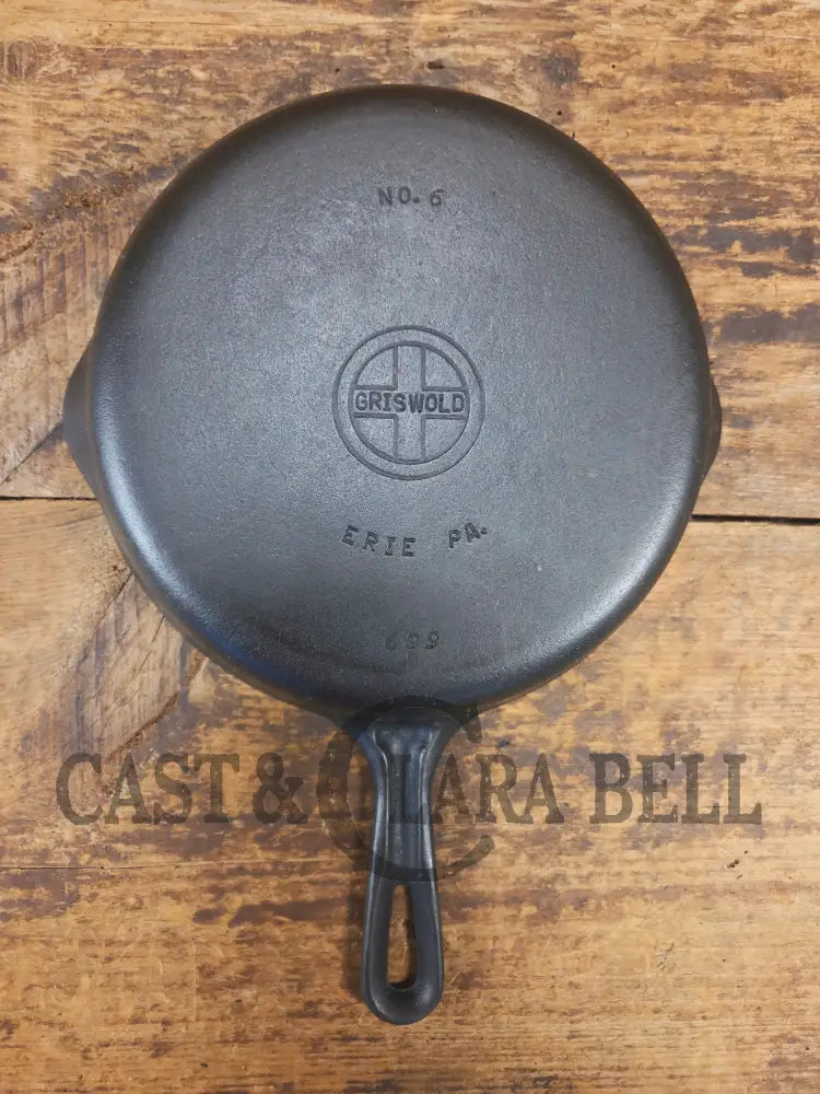 UNIQUE! 1940’s Griswold #6 Cast Iron Skillet with Small Block Logo Grooved Handle and Smooth Bottom 699 D - Skillet