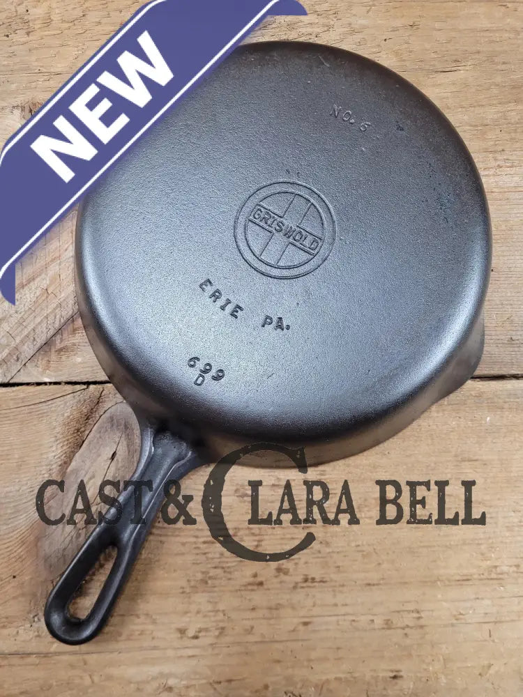 Unique! 1940’S Griswold #6 Cast Iron Skillet With Small Block Logo Grooved Handle And Smooth