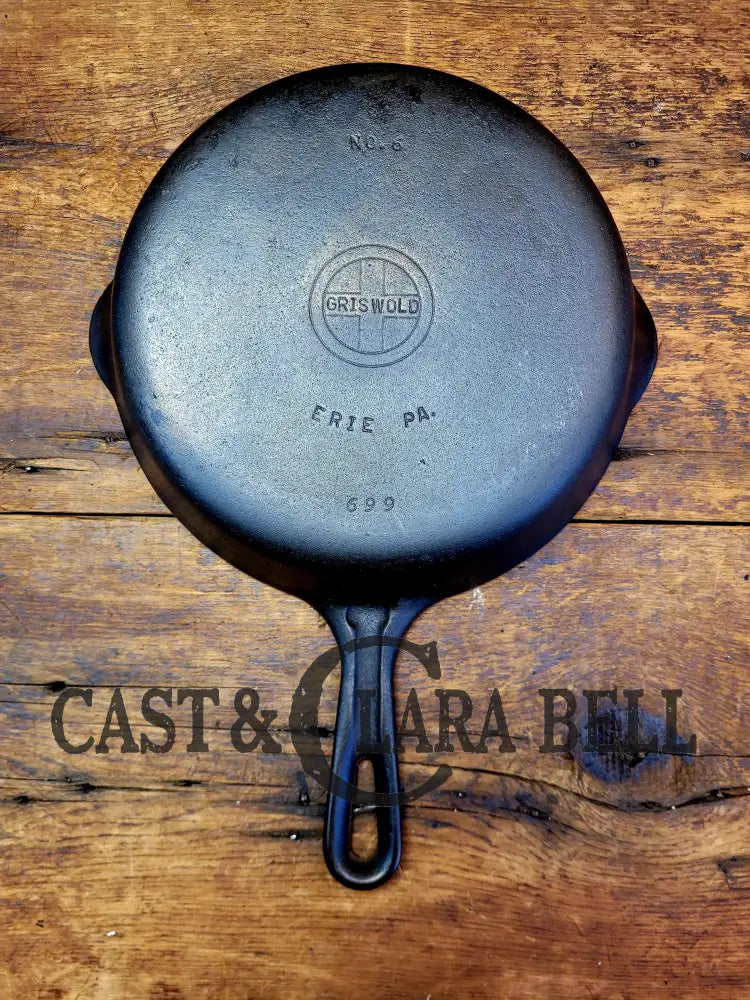 Unique! 1940’S Griswold #6 Cast Iron Skillet With Small Block Logo Grooved Handle And Smooth