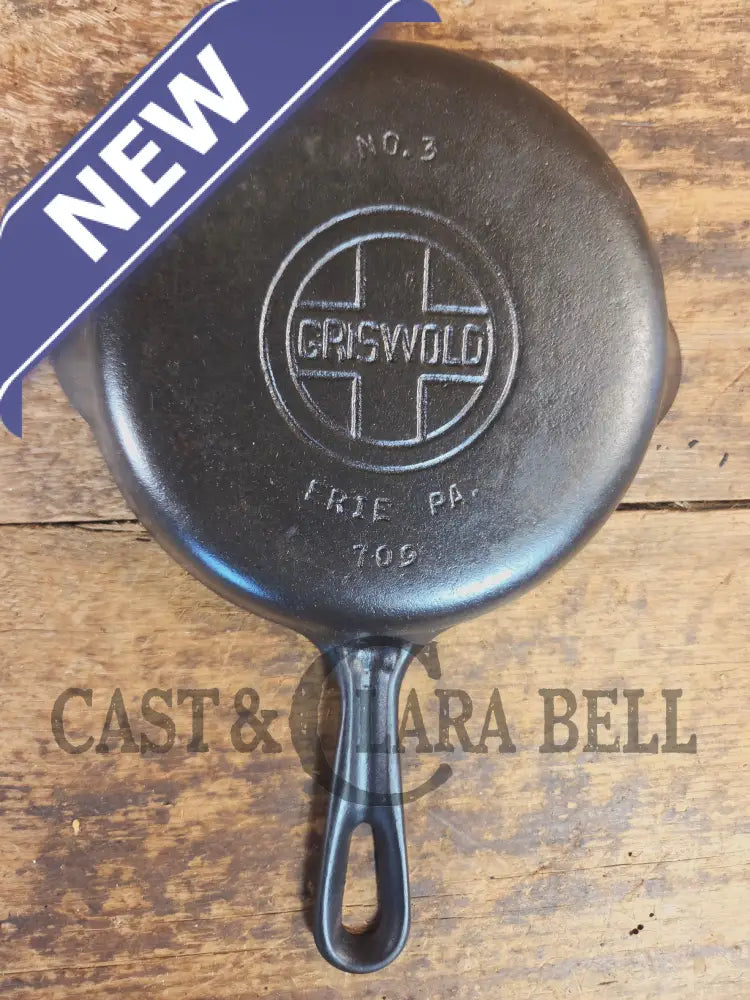 UNIQUE! Griswold No. 3 Skillet with MEDIUM Block Logo AND Groove Handle! Erie PA 709 - Skillet
