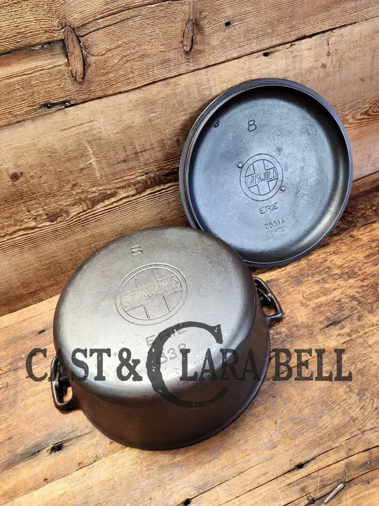 Very Early 1900’S Griswold #8 Cast Iron Dutch Oven With Matching 833 Lid Slant Logo ’Erie’