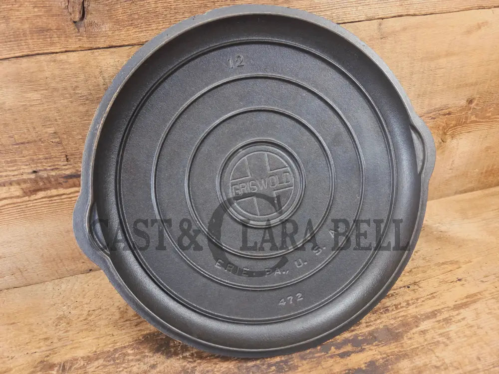 Very Hard to Find Griswold No. 12 Cast Iron Low Dome Skillet Lid with Large Block Logo #472 - Skillet