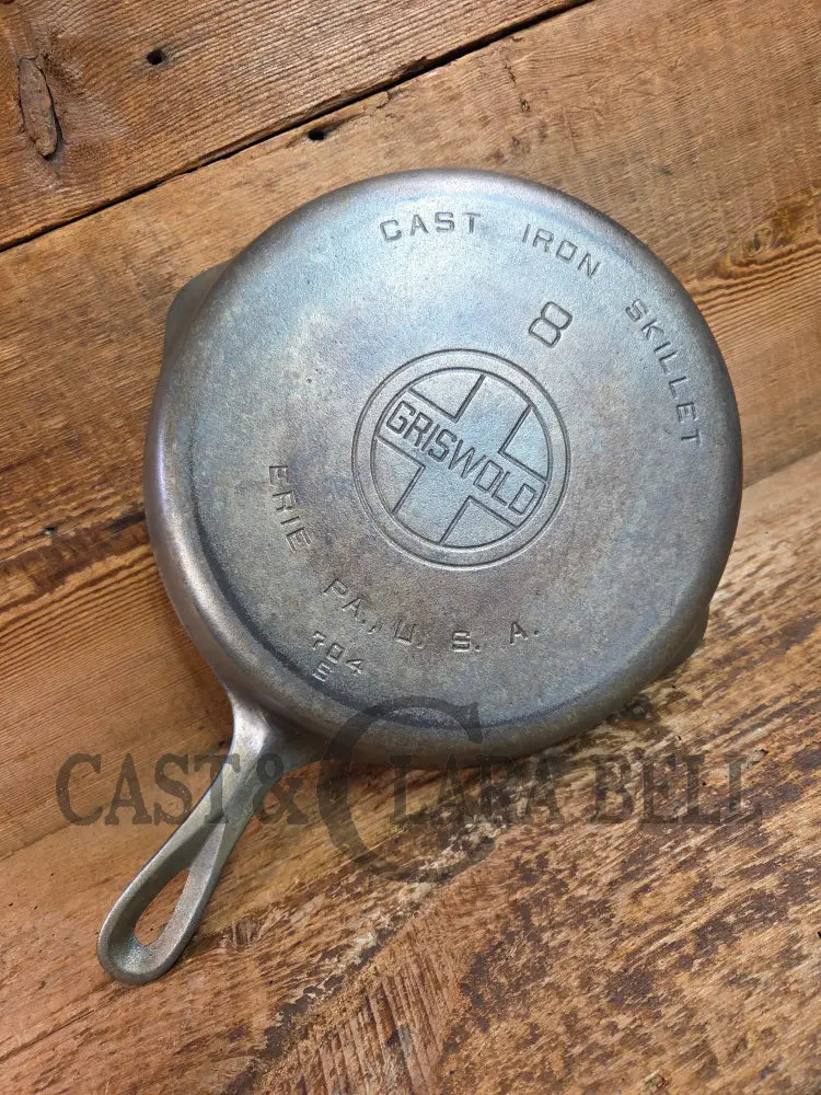 Very unique! 1930’s Griswold #8 Large Block Logo 704 S Cast Iron Skillet. Inside black iron outside chrome patina