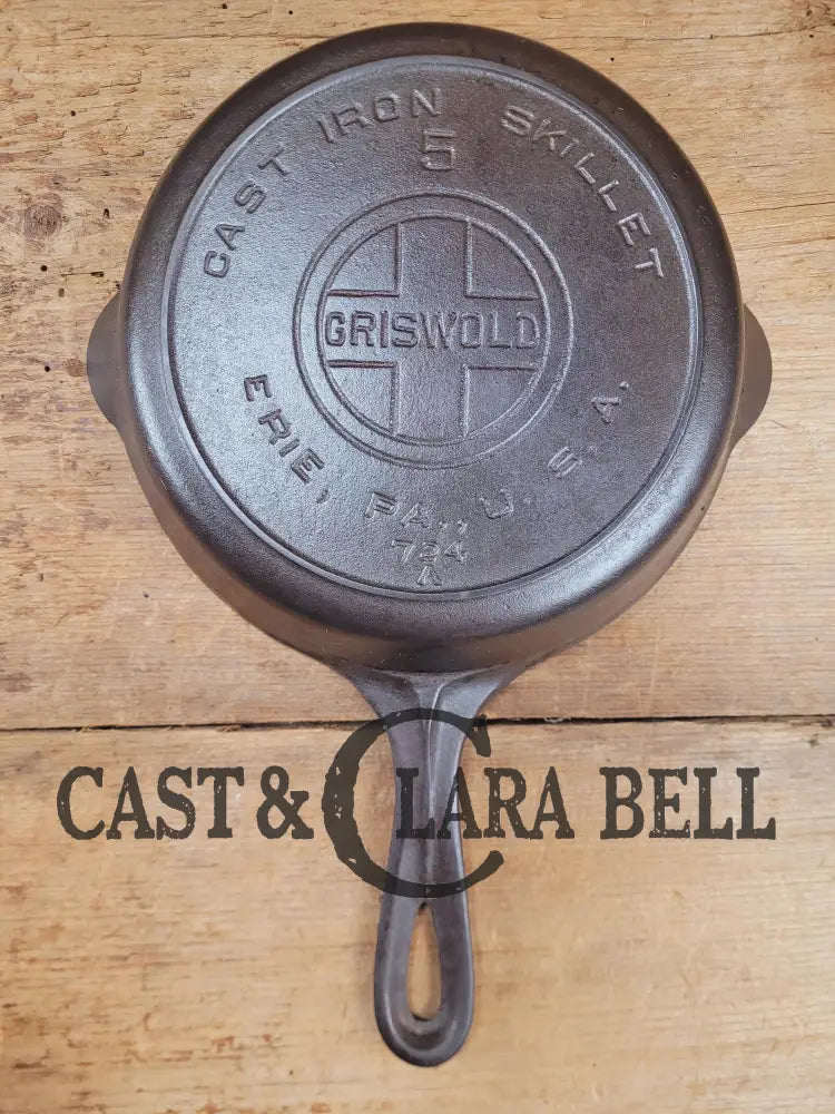 Whoa Very Hard To Find! 1920’S Griswold #5 Cast Iron Skillet With Large Block Logo Heat Ring Full